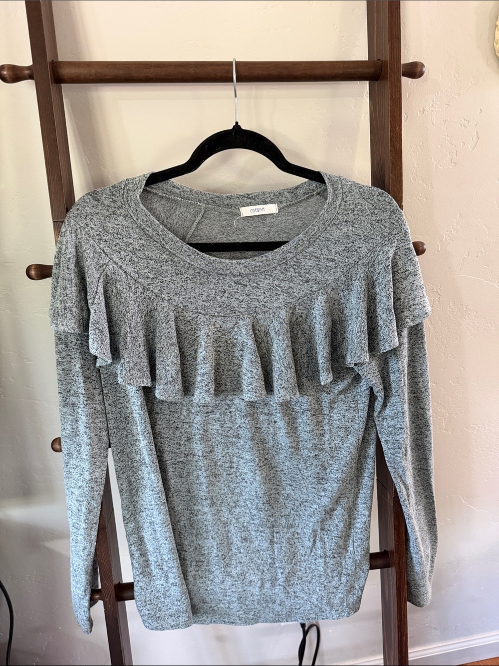 Cherish Heather Gray Ruffle Yoke Long Sleeve Top
